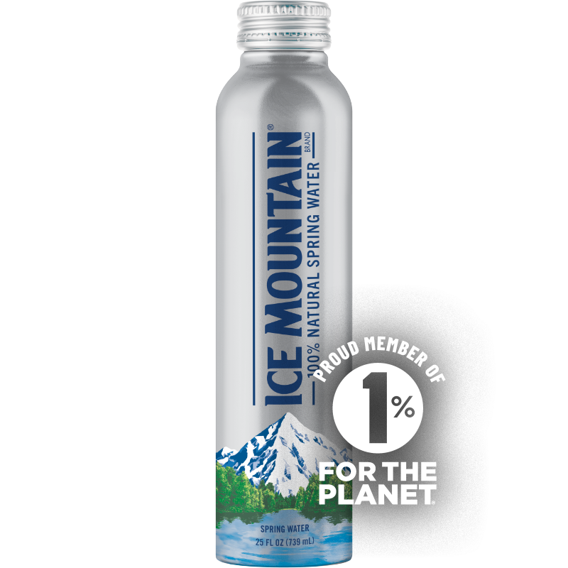 Ice Mountain  25 oz spring water in an aluminum bottle. Proud member of 1% for the planet.