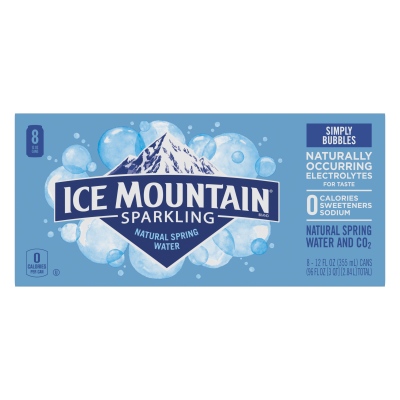 Ice mountain Sparkling Simply Bubbles product detail 12oz can 8 pack front view